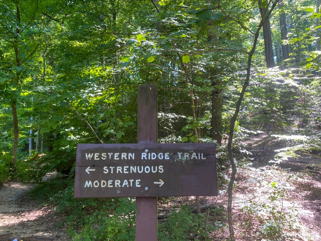 Hiking trail sign for the Western Ridge route in Rock Creek Park Washington DC