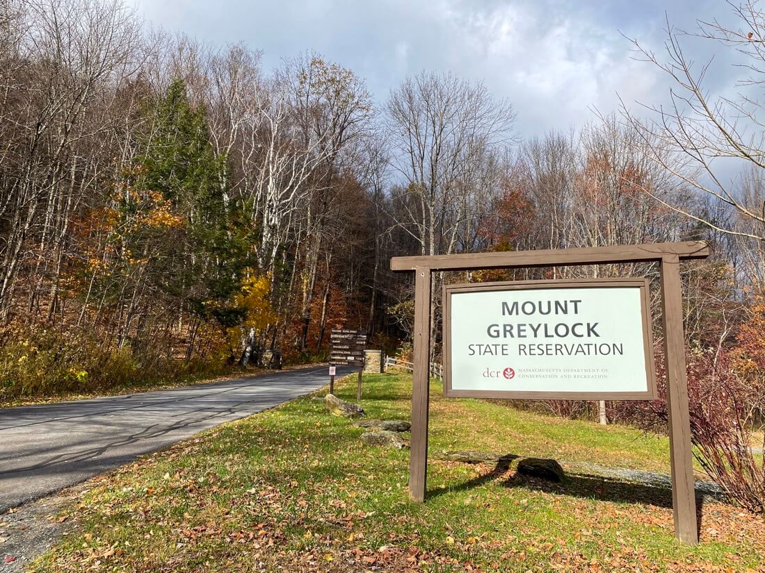 Mount Greylock State Reservation sign at the entrance in Adams Massachusetts