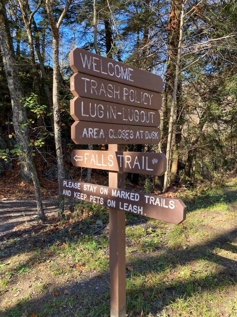 Navigational signs at Bash Bish Falls State Park the Berkshires Massachusetts