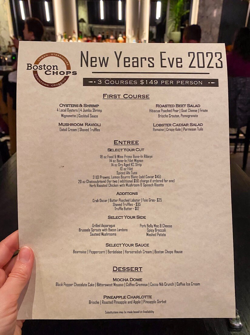 New Years Eve menu at Boston Chops in Boston Massachusetts