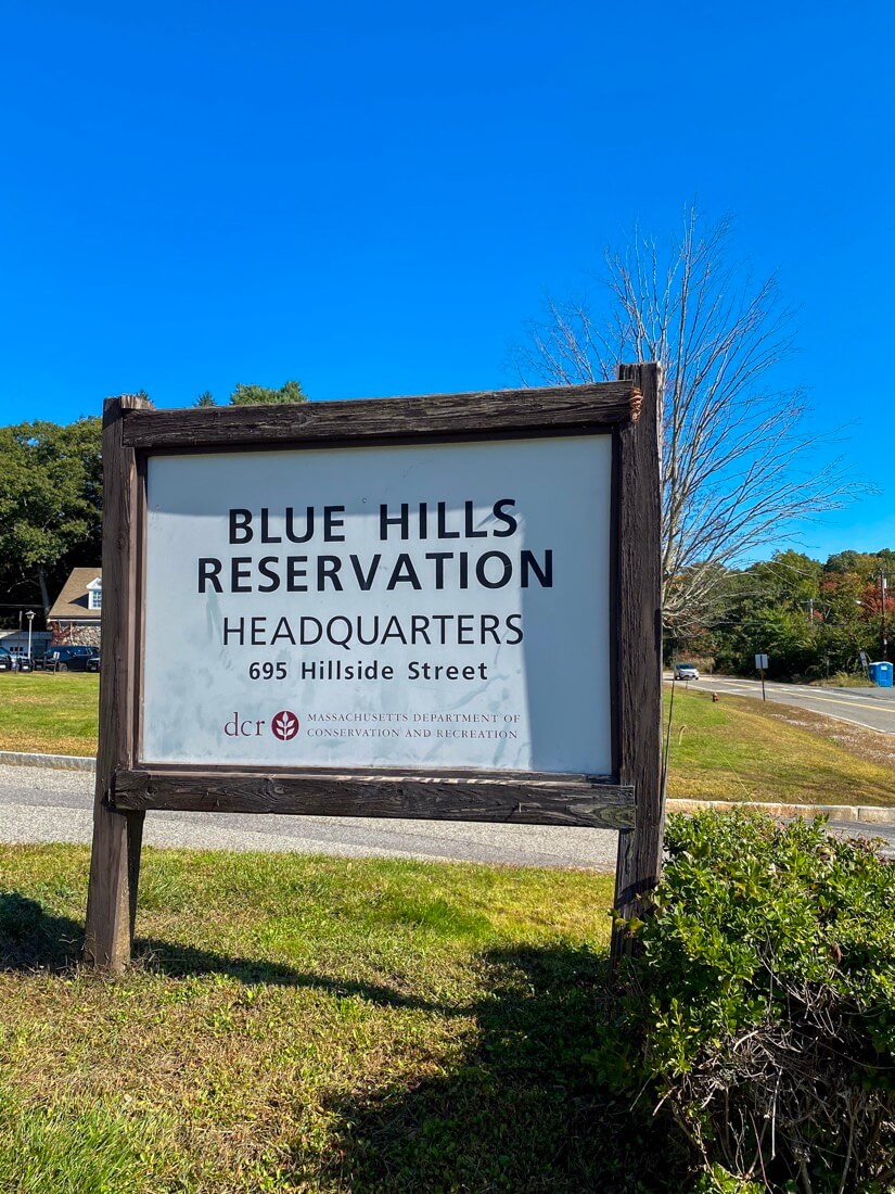 Sign for Blue Hills Reservation headquarters in Milton Massachusetts
