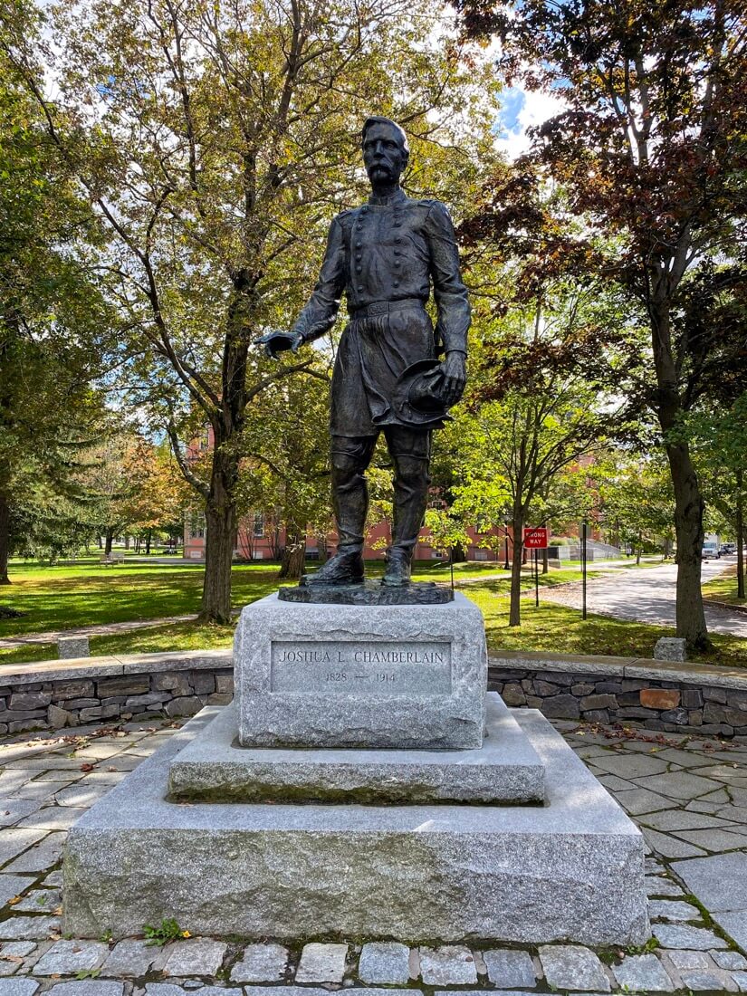 Statue of Joshua Lawrence Chamberlain on Bowdoin College campus in Brunswick Maine