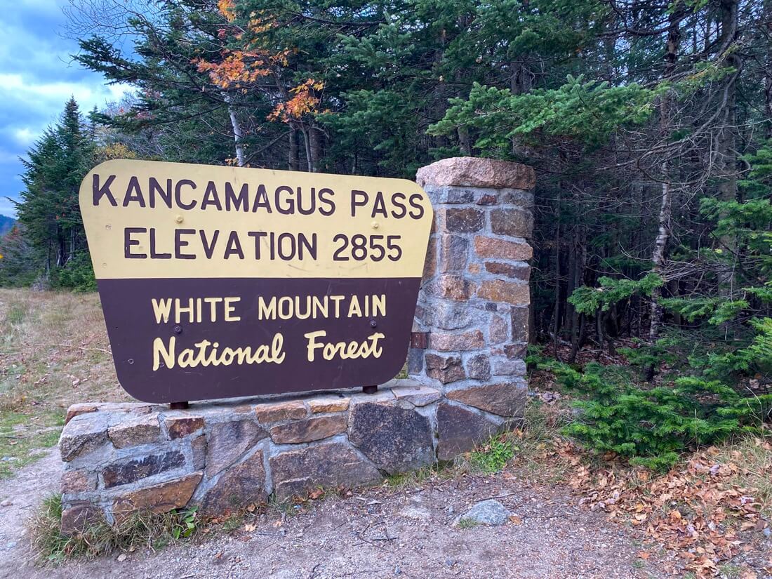 The Kancamagus Pass sign in the White Mountains New Hampshire