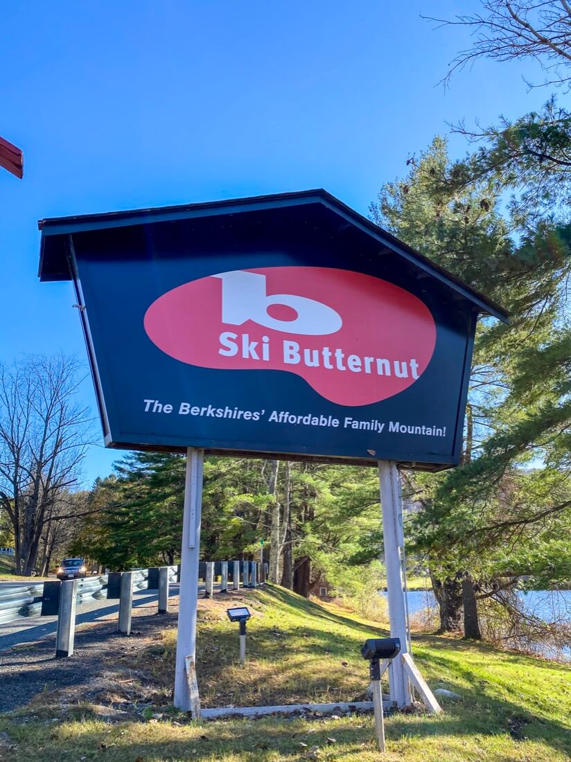 The Ski Butternut sign Butternut Ski Area and Tubing Center in Great Barrington in the Berkshires Massachusetts