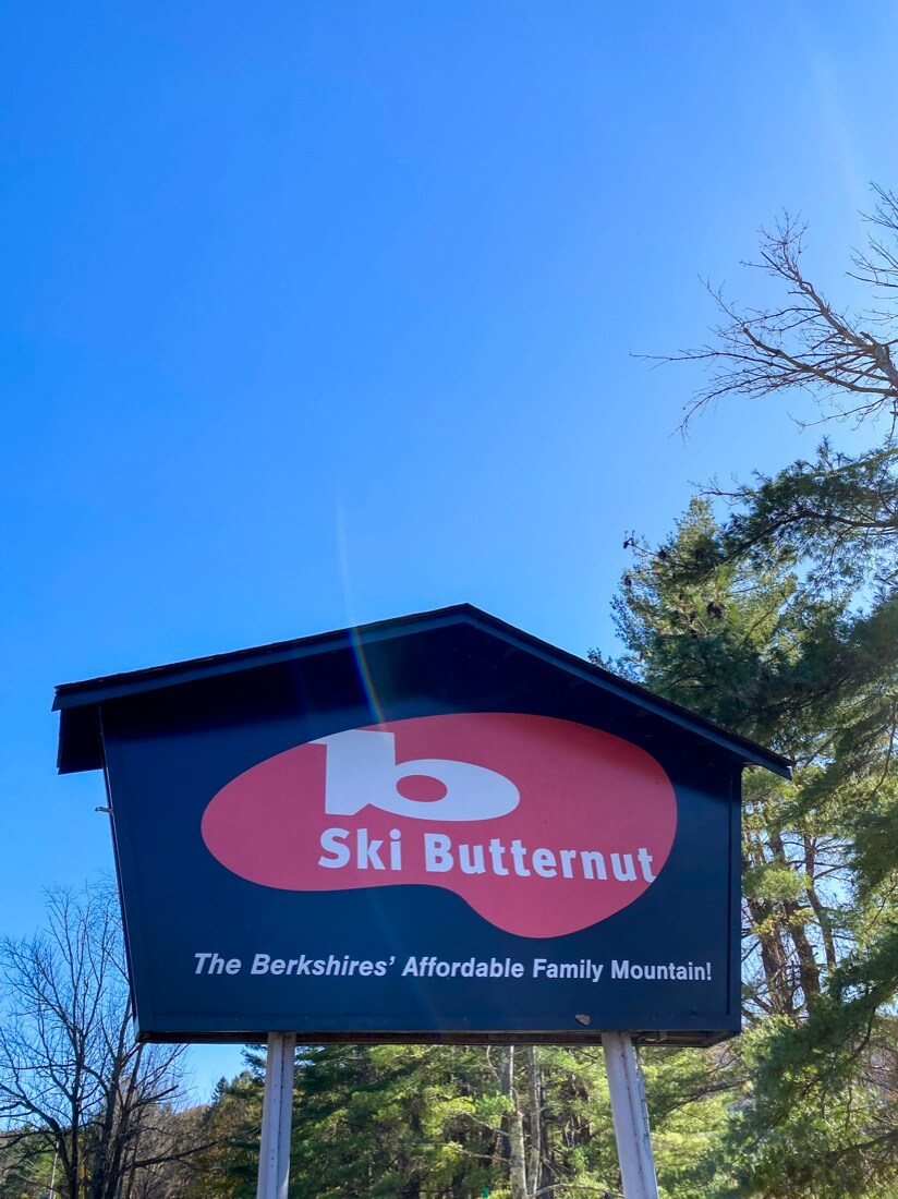The Ski Butternut sign at Butternut Ski Area and Tubing Center in Great Barrington in the Berkshires Massachusetts