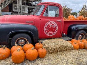 The red vintage truck at Russell Orchards in Ipswich North Shore Massachusetts