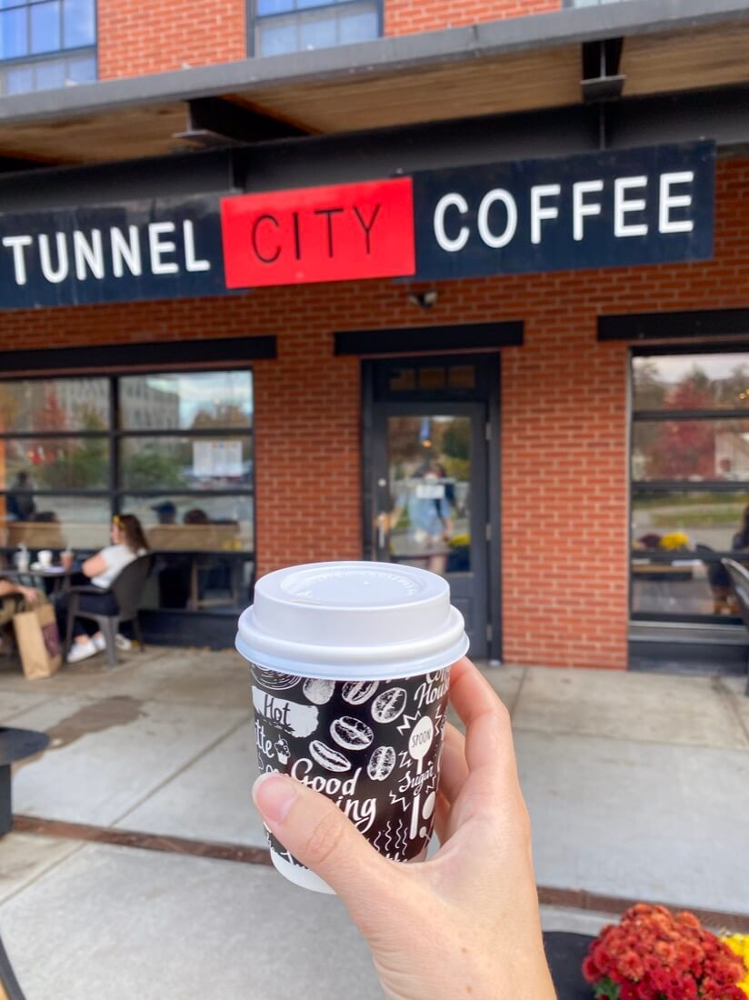 Tunnel City Coffee entrance and cup Williamstown Massachusetts
