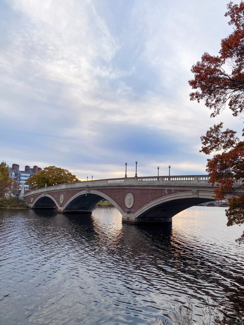 View of the John W Weeks Footbridge across the Charles River from Harvard Square Cambridge to Boston Massachusetts
