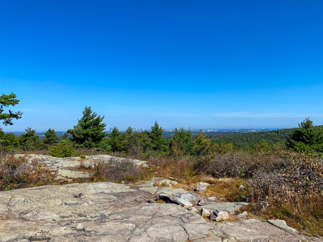 View toward Boston from the top of Buck Hill in Blue Hills Reservation in Milton Massachusetts