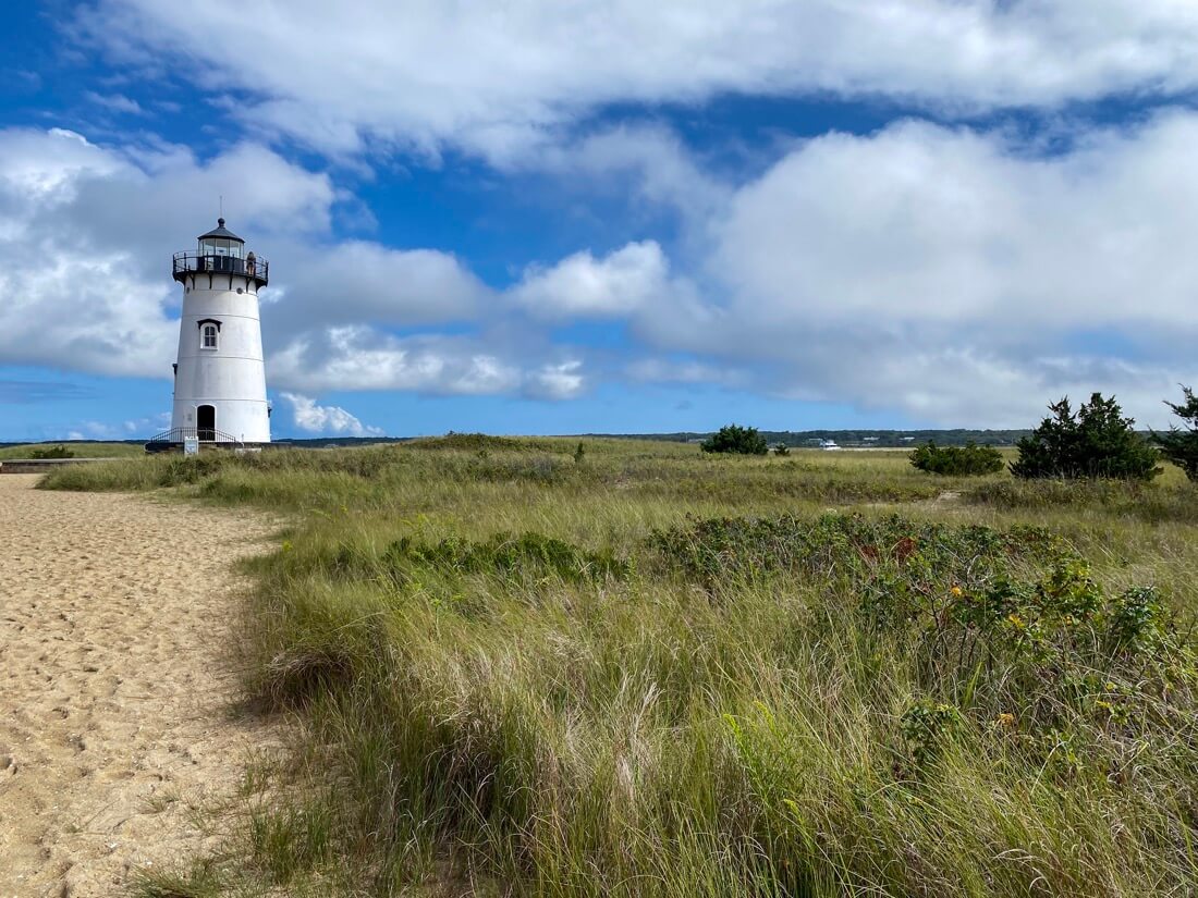 A view of Edgartown Harbor Lighthouse in Edgartown Marthas Vineyard Massachusetts