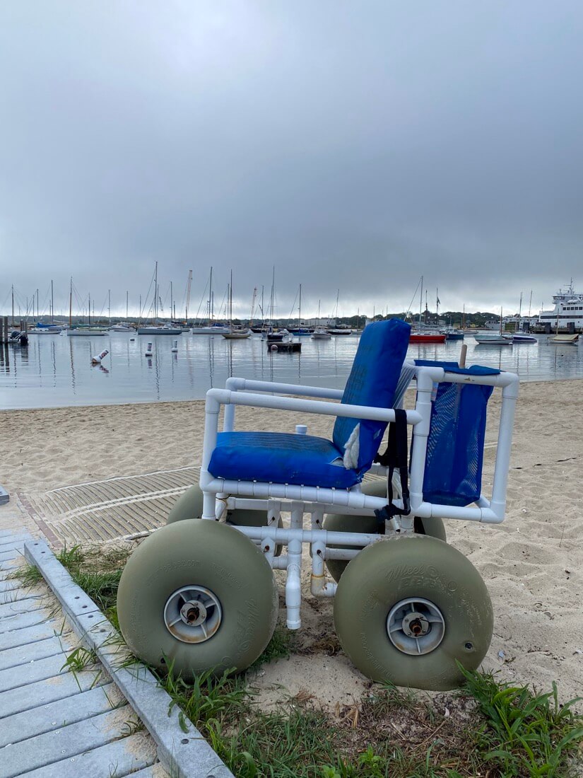 Beach wheelchair at Owen Park Beach in Vineyard Haven near the ferry to Marthas Vineyard Massachusetts