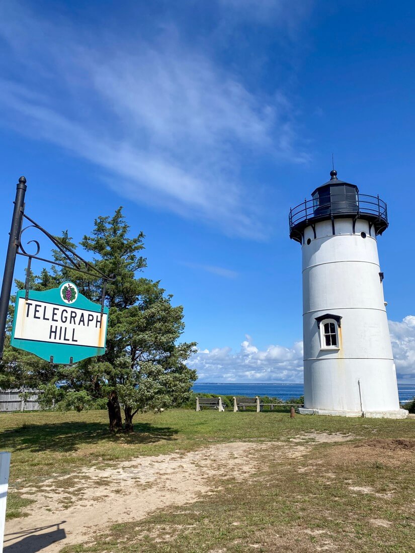 East Chop Lighthouse and Telegraph Hill sign in Vineyard Haven Marthas Vineyard Massachusetts