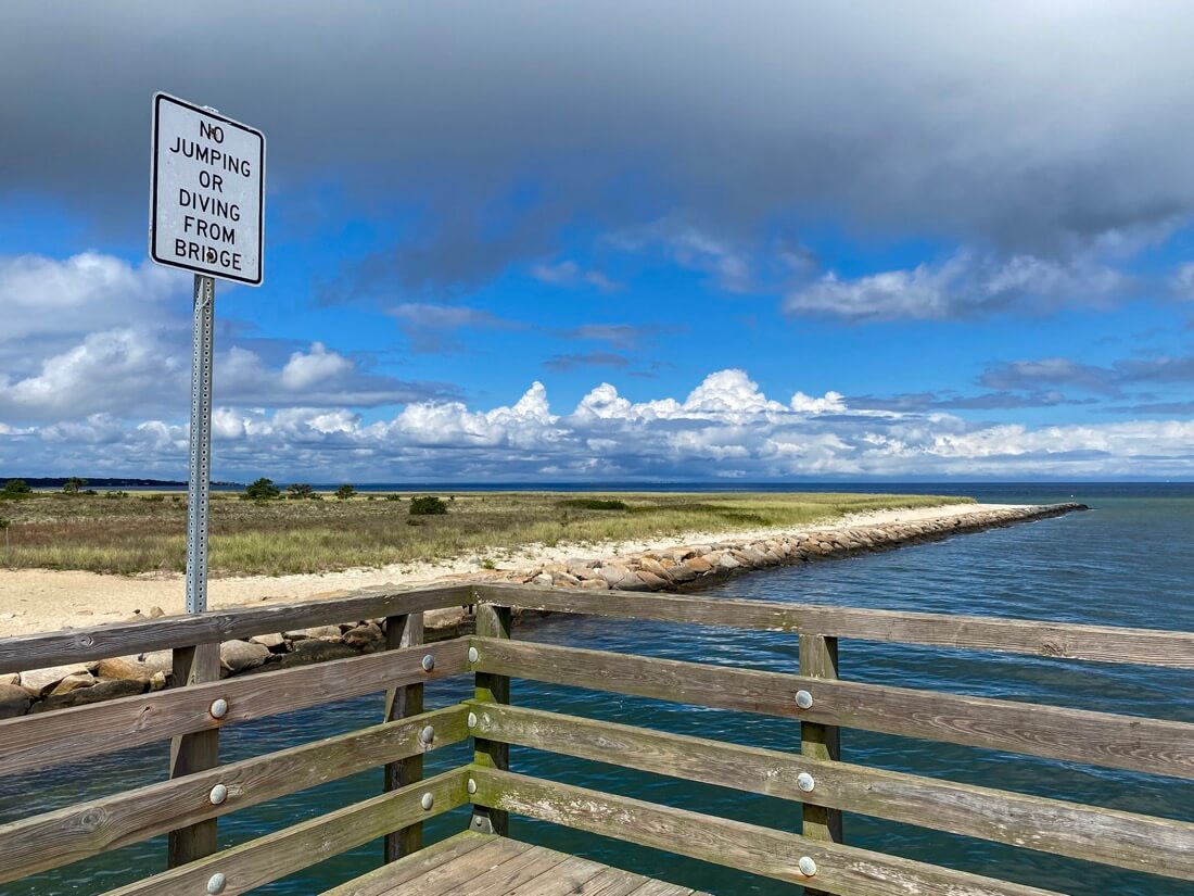 No jumping or diving sign at the Jaws bridge Oak Bluffs Edgartown Marthas Vineyard Massachusetts