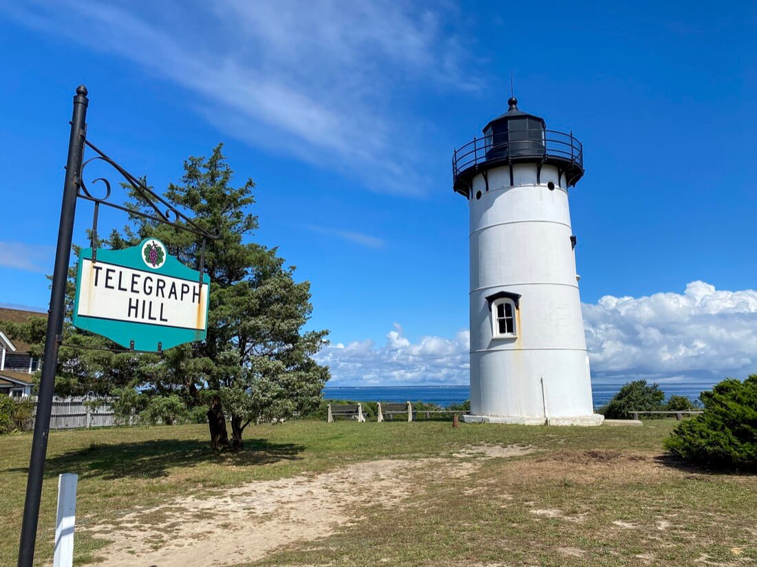 The East Chop Lighthouse and Telegraph Hill sign Vineyard Haven Marthas Vineyard Massachusetts